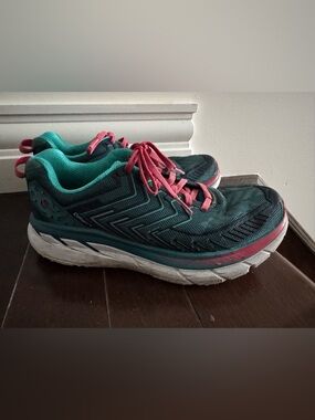 Hoka One One Women's Teal and Pink Cushioned Running Sneakers